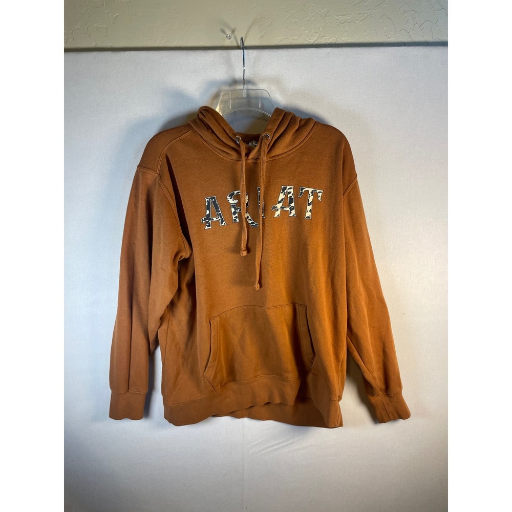 Ariat Real Women Large Rust Orange Cow Print Logo Hoodie Pullover Western L - Picture 2 of 10